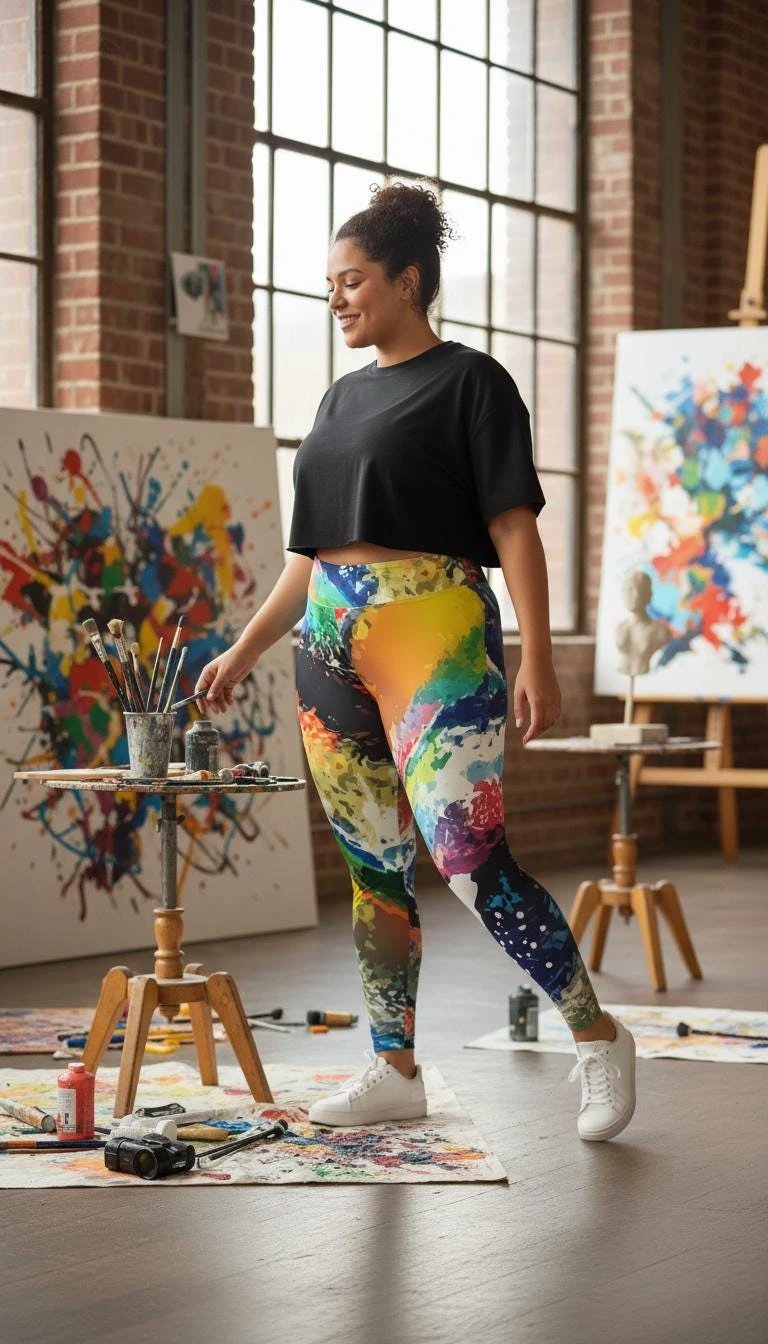 Abstract Expressionist Paint Splash Leggings - High-Waist Plus Size Tights for Bold Fitness by Aesthetic Rebellion