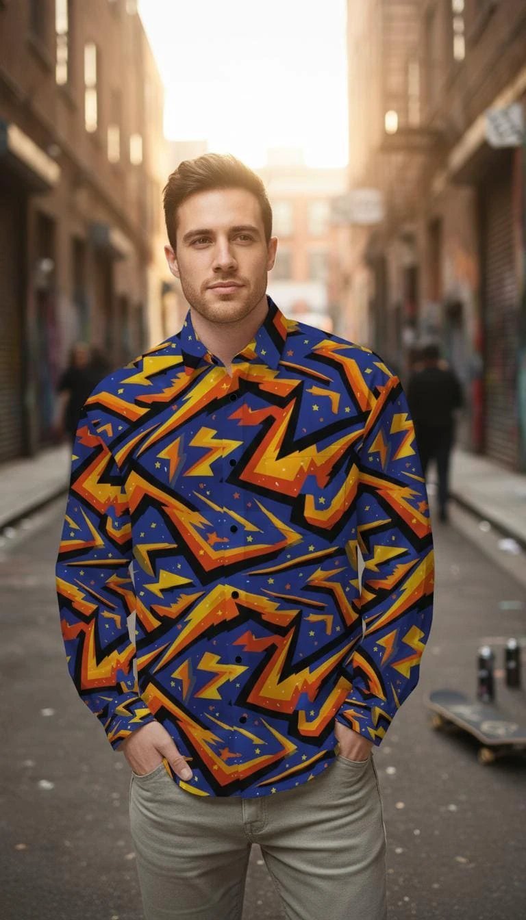 Geometric Glitch Art Button Down Shirt | 90s Arcade Streetwear by Aesthetic Rebellion