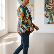 Urban Crowd Faces Designer Blazer - Bold All-Over Print Cotton Suit Jacket for Creatives by Aesthetic Rebellion