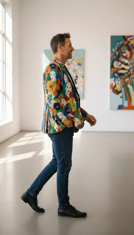 Urban Crowd Faces Designer Blazer - Bold All-Over Print Cotton Suit Jacket for Creatives by Aesthetic Rebellion