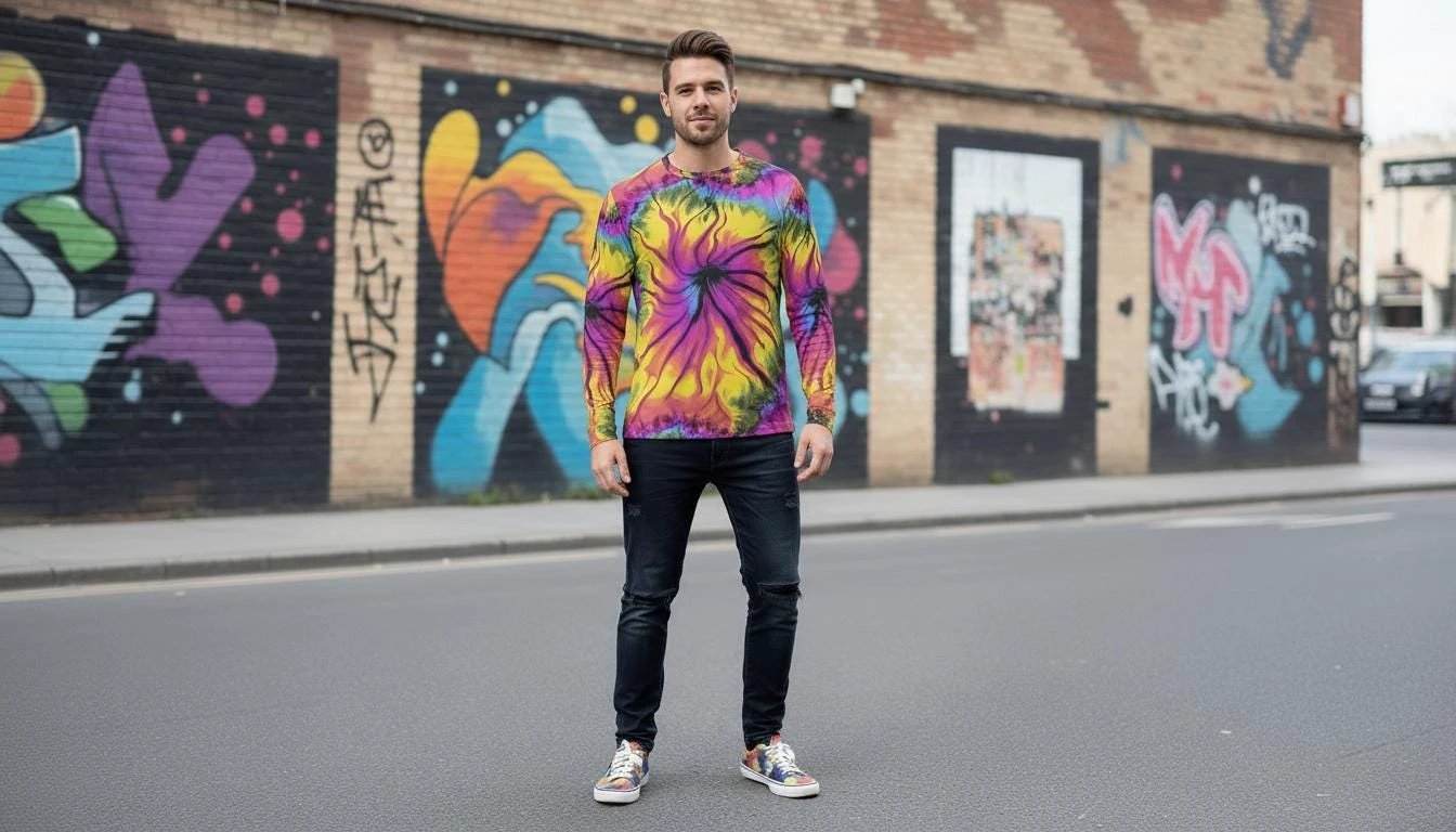 Cyber-Marble Men's Henley – Liquid Glitch Streetwear Top – Maximalist Long Sleeve Art Shirt by Aesthetic Rebellion