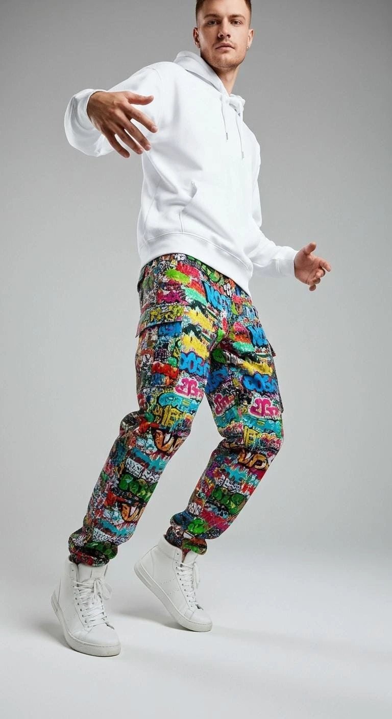 Abstract Graffiti Print Cargo Pants | Men's Streetwear Utility Trousers by Aesthetic Rebellion