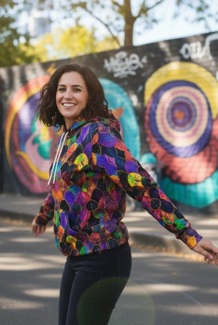 Rainbow Fish Primal Print Hoodie - Vibrant Aquatic Art Sweatshirt for Bold Streetwear by Aesthetic Rebellion