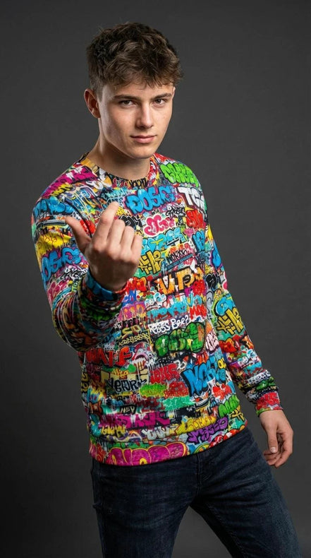 OG Graffiti Tag Sweatshirt, Vibrant All Over Print Crewneck Cotton, Unisex Streetwear Classic Top by Aesthetic Rebellion