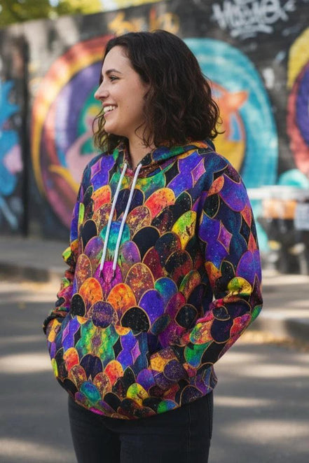 Rainbow Fish Primal Print Hoodie - Vibrant Aquatic Art Sweatshirt for Bold Streetwear by Aesthetic Rebellion