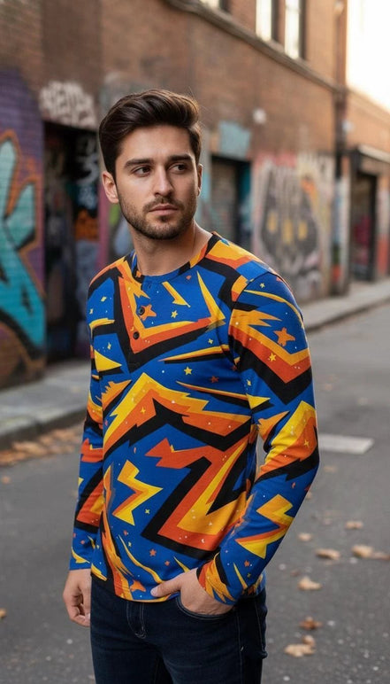 Men's Lightning Henley Shirt – Maximalist Cyberpunk Streetwear by Aesthetic Rebellion