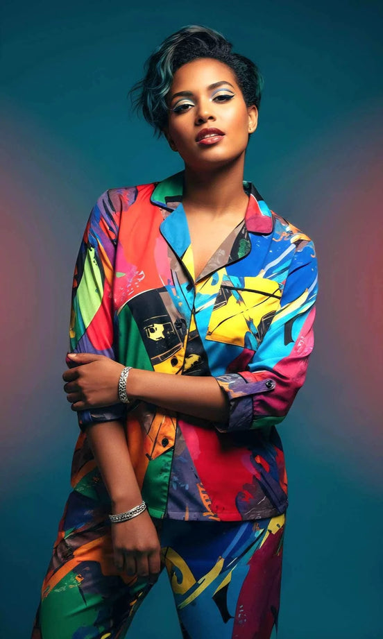 Vibrant Abstract Satin Pajama Set - Luxury All-Over Print Loungewear for Bold Sleepwear by Aesthetic Rebellion