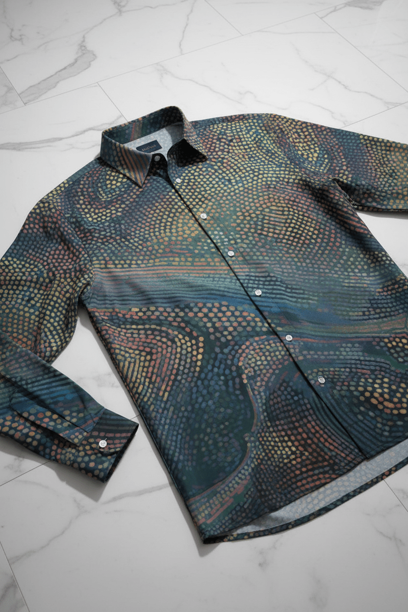 Echo Chamber AOP Imitation Silk Shirt — swirling pointillist dot wave pattern in amber, gold, terracotta on deep teal. Fluid long-sleeve button-down. Aesthetic Rebellion.