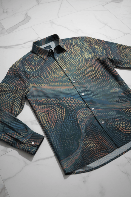 Echo Chamber AOP Imitation Silk Shirt — swirling pointillist dot wave pattern in amber, gold, terracotta on deep teal. Fluid long-sleeve button-down. Aesthetic Rebellion.