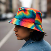 Psychedelic Summer Sun Bucket Hat - Bold Rainbow Geometric Headwear for Beach & Festivals by Aesthetic Rebellion