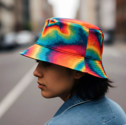 Psychedelic Summer Sun Bucket Hat - Bold Rainbow Geometric Headwear for Beach & Festivals by Aesthetic Rebellion