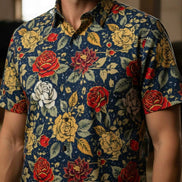Space Cowboy Retro Polo Shirt - Western Roses & Celestial Night Sky All-Over Print Top by Aesthetic Rebellion
