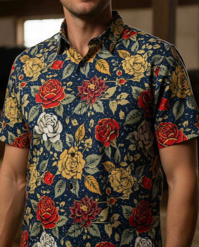 Space Cowboy Retro Polo Shirt - Western Roses & Celestial Night Sky All-Over Print Top by Aesthetic Rebellion