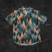 Evergreen AOP Hawaiian Shirt — layered geometric conifer tree forest print in deep teal, amber, orange, dusty rose, white. 150gsm bamboo-texture polyester button-front resort shirt. Aesthetic Rebellion.