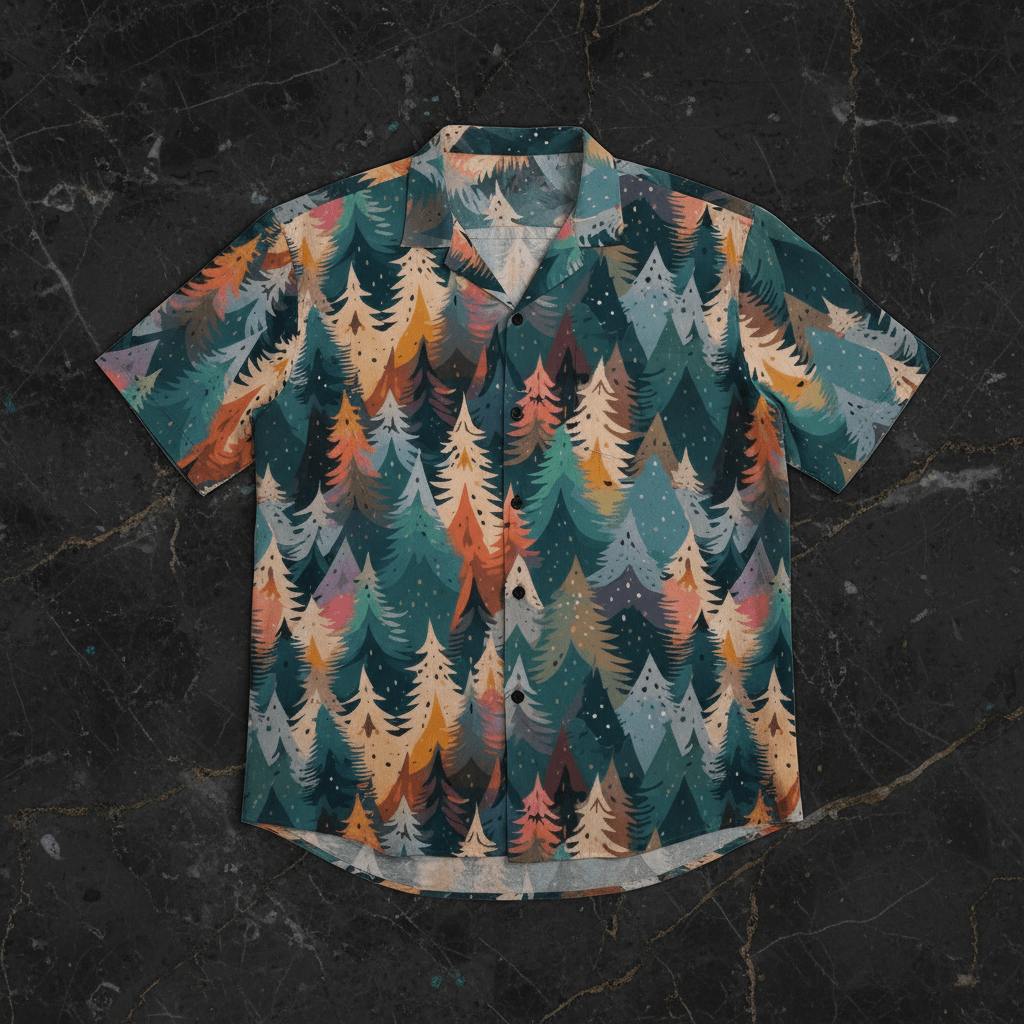 Evergreen AOP Hawaiian Shirt — layered geometric conifer tree forest print in deep teal, amber, orange, dusty rose, white. 150gsm bamboo-texture polyester button-front resort shirt. Aesthetic Rebellion.