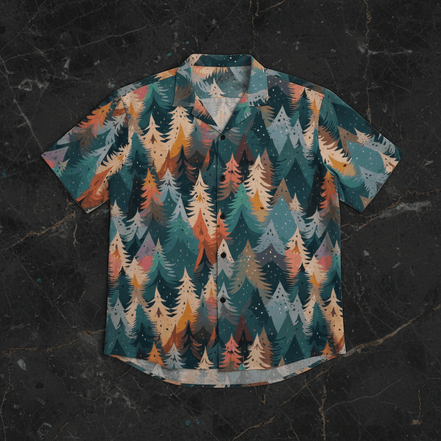 Evergreen AOP Hawaiian Shirt — layered geometric conifer tree forest print in deep teal, amber, orange, dusty rose, white. 150gsm bamboo-texture polyester button-front resort shirt. Aesthetic Rebellion.