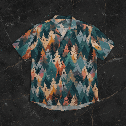 Evergreen AOP Hawaiian Shirt — layered geometric conifer tree forest print in deep teal, amber, orange, dusty rose, white. 150gsm bamboo-texture polyester button-front resort shirt. Aesthetic Rebellion.