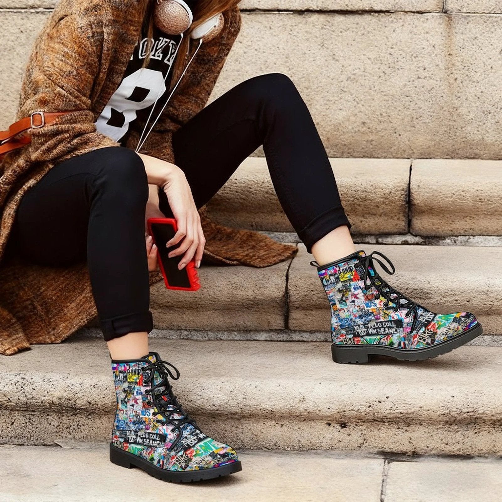 Urban Graffiti Combat Boots – All-Over Print Martin Boots – Maximalist Street Art Footwear by SALE_DESIGN-Personal Design