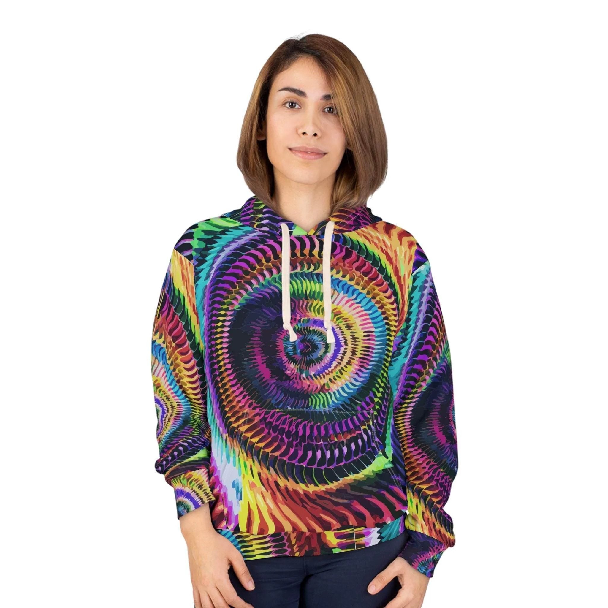 Ocular Opulence Spiral Kaleidoscope Hoodie - Trippy 3D Geometric Pullover for Rave & Psytrance Culture by Aesthetic Rebellion