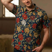 Space Cowboy Retro Polo Shirt - Western Roses & Celestial Night Sky All-Over Print Top by Aesthetic Rebellion