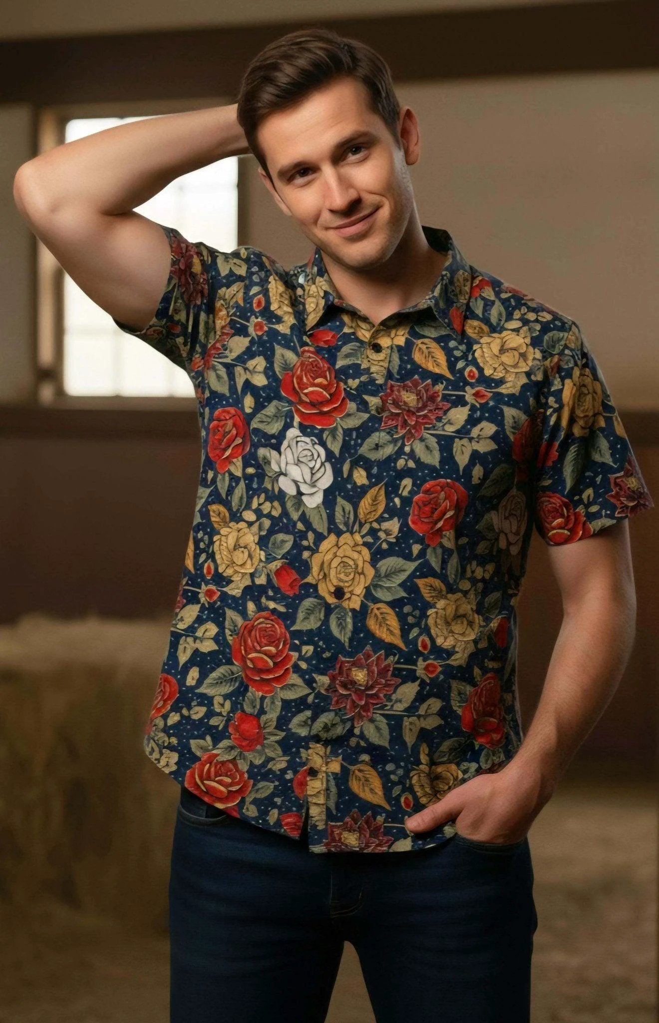Space Cowboy Retro Polo Shirt - Western Roses & Celestial Night Sky All-Over Print Top by Aesthetic Rebellion