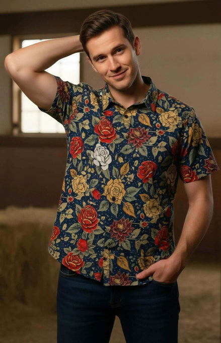 Space Cowboy Retro Polo Shirt - Western Roses & Celestial Night Sky All-Over Print Top by Aesthetic Rebellion