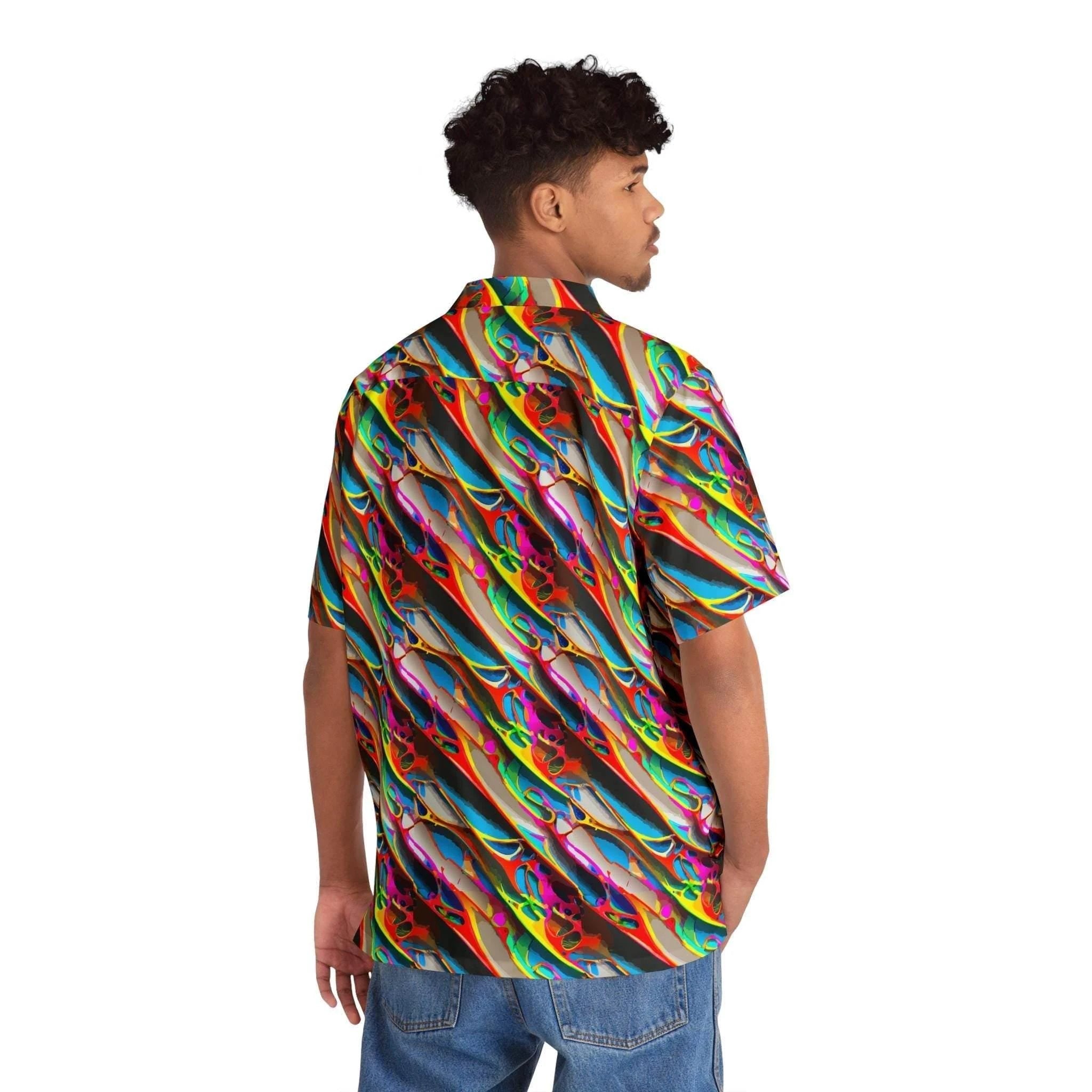 Prismatic Crimson Wave Hawaiian Shirt – High-Energy Festival Aloha Top by Aesthetic Rebellion