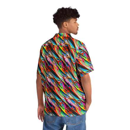 Prismatic Crimson Wave Hawaiian Shirt – High-Energy Festival Aloha Top by Aesthetic Rebellion