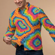 Vibrant Rainbow Psychedelic Tie Dye Button Up Shirt – Groovy Neon Swirl Casual Long Sleeve - Aesthetic Rebellion