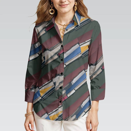 Modern Abstract Geometric Brushstroke Button-Up Blouse in Earthy Jewel Tones - Aesthetic Rebellion