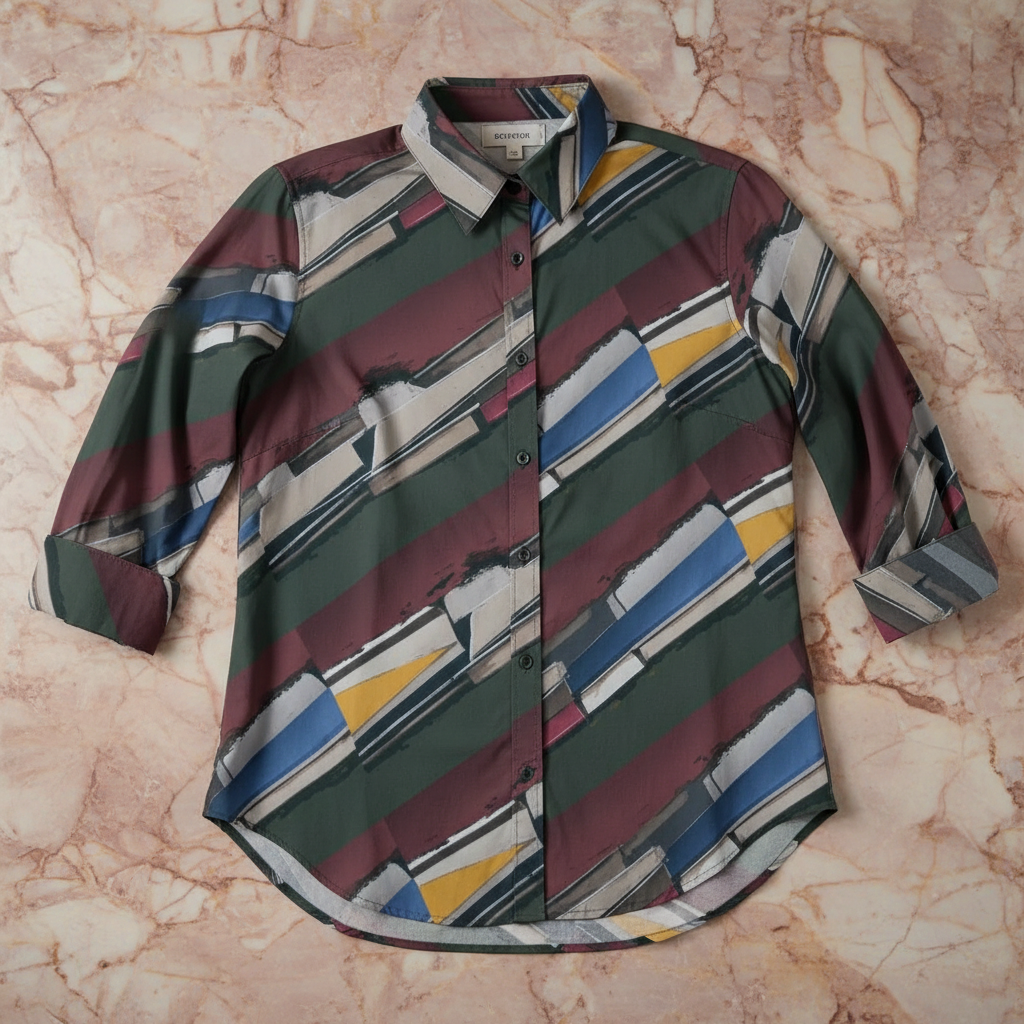 Modern Abstract Geometric Brushstroke Blouse for Earthy Jewel Tone Dressers — Dyles Mavis AOP Acid Marble Top, Chaos-Core Liquid Stretch Fashion, Content Creator Outfit