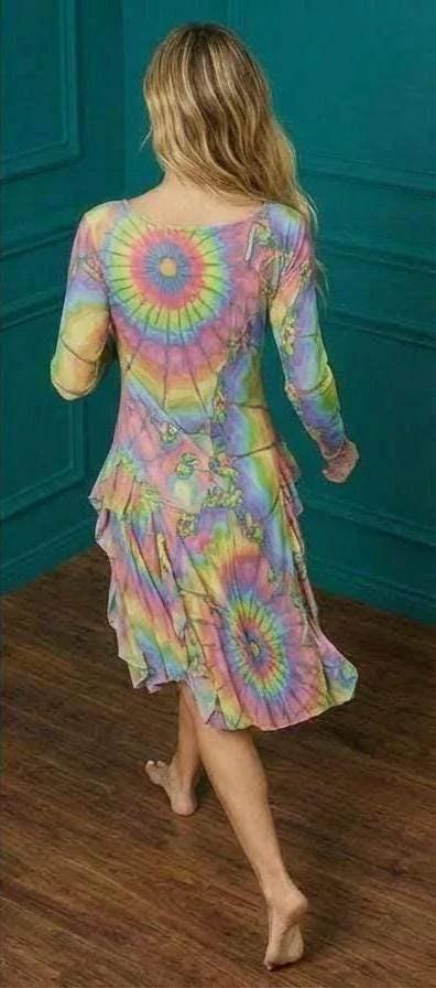 Tie-Dye Cotton Midi Dress - Radial Pastel Long Sleeve Boho Gown by Aesthetic Rebellion