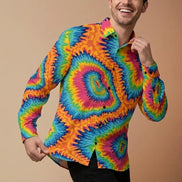 Vibrant Rainbow Psychedelic Tie Dye Button Up Shirt – Groovy Neon Swirl Casual Long Sleeve - Aesthetic Rebellion