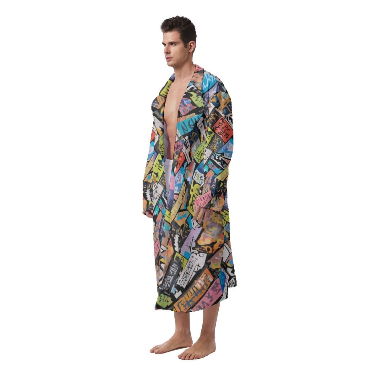 Bold Graffiti Tag Collage Bathrobe - Dark All Over Print Kimono Robe Neon Street Art - Aesthetic Rebellion