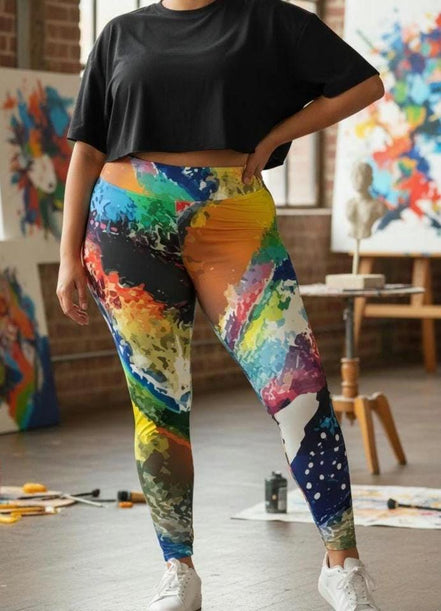 Abstract Expressionist Paint Splash Leggings - High-Waist Plus Size Tights for Bold Fitness by Aesthetic Rebellion