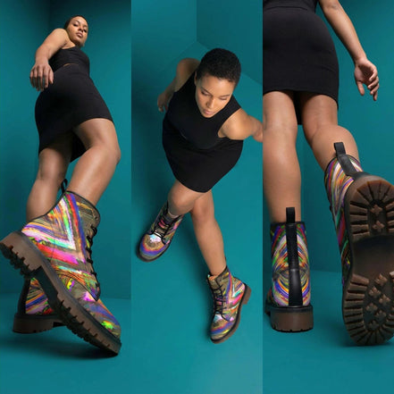 Trippy Goth Platform Combat Boots - Psychedelic Nightcore Alt-Fashion Footwear for Raves & Edgy Streetwear by Aesthetic Rebellion