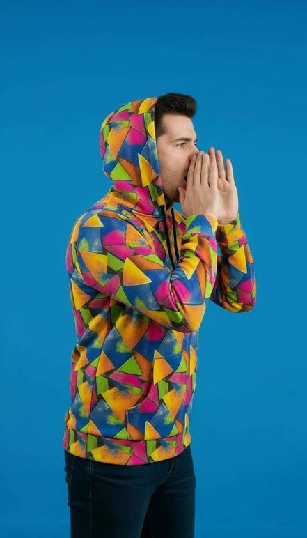 Vibrant Geometric Triangle Print Hoodie - Bold Maximalist Streetwear Pullover for Rave Style by Aesthetic Rebellion