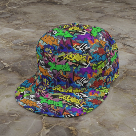 Maximalist Flat Brim Snapback for Content Creators — Full Crown-to-Brim AOP, UV-Resistant Sublimation, Structured 6-Panel Streetwear Cap, Statement Festival Headwear, One Size