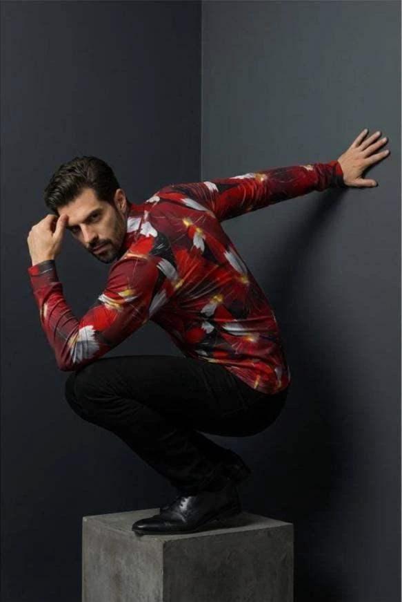 Artsy Floral Men’s Long Sleeve Polo - Polished Maximalist Workwear for Hospitality & Wine Ambassadors by Aesthetic Rebellion