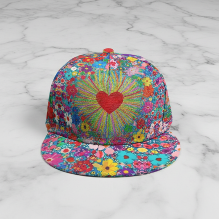 Wildflower Heart AOP Flat Brim Cap — large glowing red heart in the center surrounded by a dense rainbow wildflower meadow AOP in red, yellow, pink, purple, and blue. Snapback by Aesthetic Rebellion.