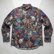 Gatsby's Gear AOP Long Sleeve Button-Up Shirt — vivid multicolor all-over print with edge-to-edge sublimation coverage. Unisex button-up shirt in an Art Deco-inspired, wearable art streetwear style with bold graphic print. Aesthetic Rebellion.