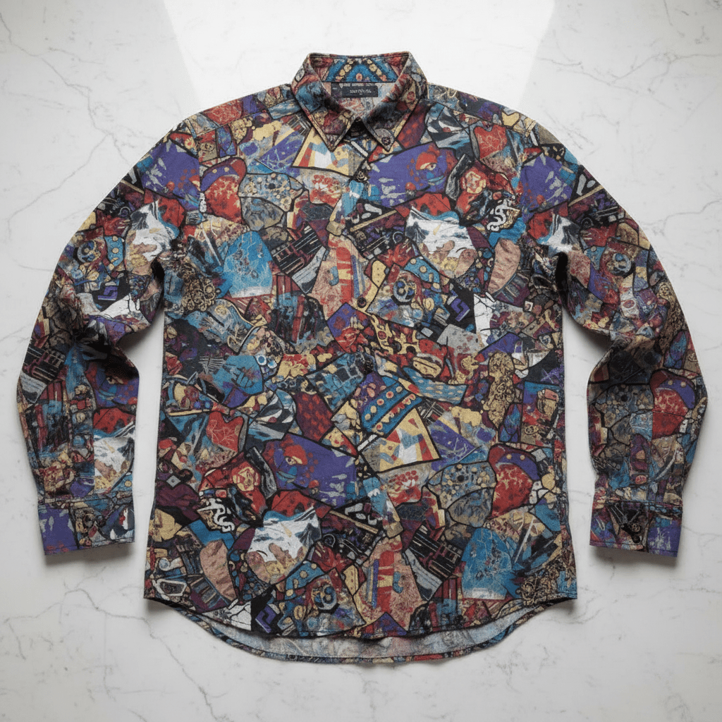 Gatsby's Gear AOP Long Sleeve Button-Up Shirt — vivid multicolor all-over print with edge-to-edge sublimation coverage. Unisex button-up shirt in an Art Deco-inspired, wearable art streetwear style with bold graphic print. Aesthetic Rebellion.