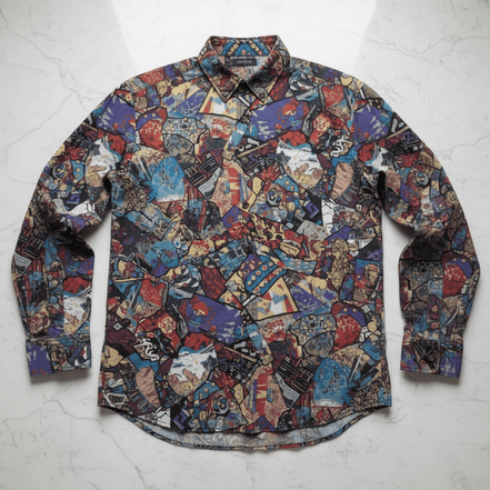Gatsby's Gear AOP Long Sleeve Button-Up Shirt — vivid multicolor all-over print with edge-to-edge sublimation coverage. Unisex button-up shirt in an Art Deco-inspired, wearable art streetwear style with bold graphic print. Aesthetic Rebellion.