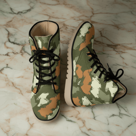 Terrain Camo AOP Plush Boots — men's lace-up combat boots with military terrain camouflage AOP in olive green, sage, khaki, and white. Plush-lined, non-slip. Aesthetic Rebellion.