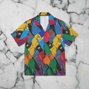 Glitched Tropical Hawaiian Shirt for Cyberpunk Summer Maximalists — All-over print in vivid multicolor tones. Unisex hawaiian shirt with dopamine dressing, wearable art movement, eclectic maximalism style. Aesthetic Rebellion.