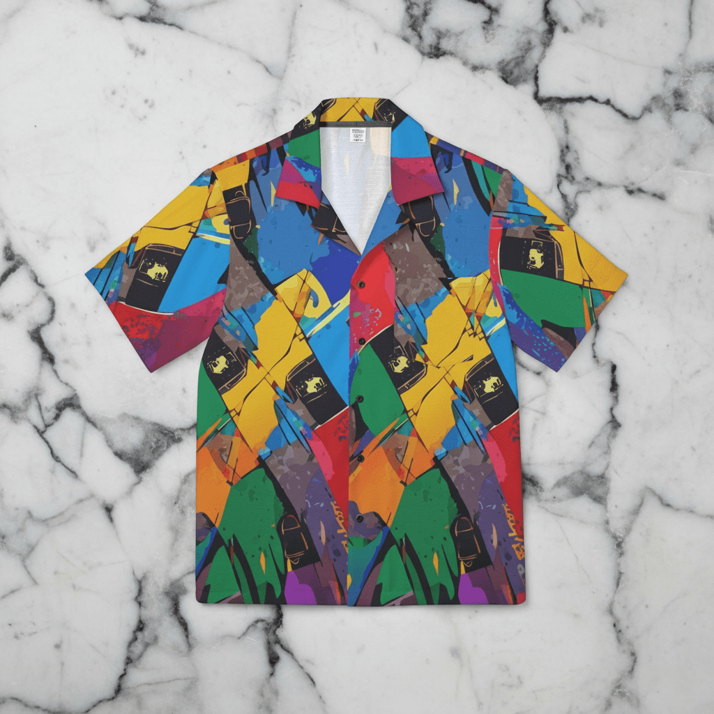 Glitched Tropical Hawaiian Shirt for Cyberpunk Summer Maximalists — All-over print in vivid multicolor tones. Unisex hawaiian shirt with dopamine dressing, wearable art movement, eclectic maximalism style. Aesthetic Rebellion.