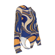 Golden Current Liquid Marble Hooded Bodysuit — Concentric swirl/spiral full-bleed print in gold tones. Women's dress with weird girl aesthetic, wearable art movement, dopamine dressing style. Aesthetic Rebellion.