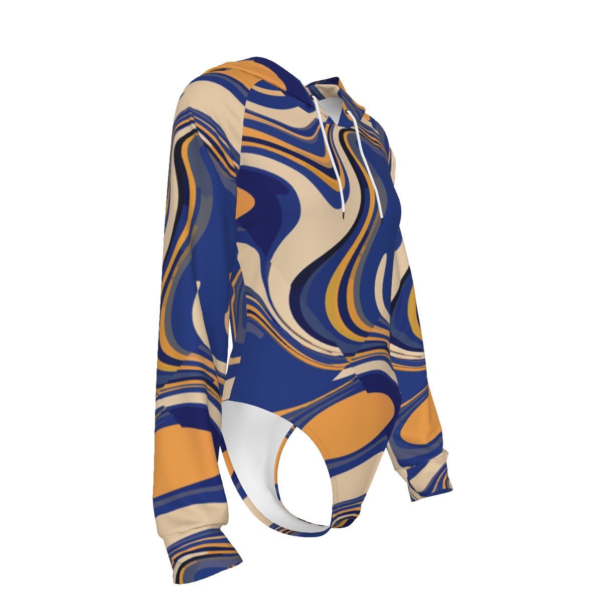 Golden Current Liquid Marble Hooded Bodysuit — Concentric swirl/spiral full-bleed print in gold tones. Women's dress with weird girl aesthetic, wearable art movement, dopamine dressing style. Aesthetic Rebellion.