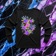 Rave Hands Long Sleeve Tee — black long sleeve crew neck tee with neon handprint chest graphic in purple, pink, cyan, and orange. DTG print by Aesthetic Rebellion.
