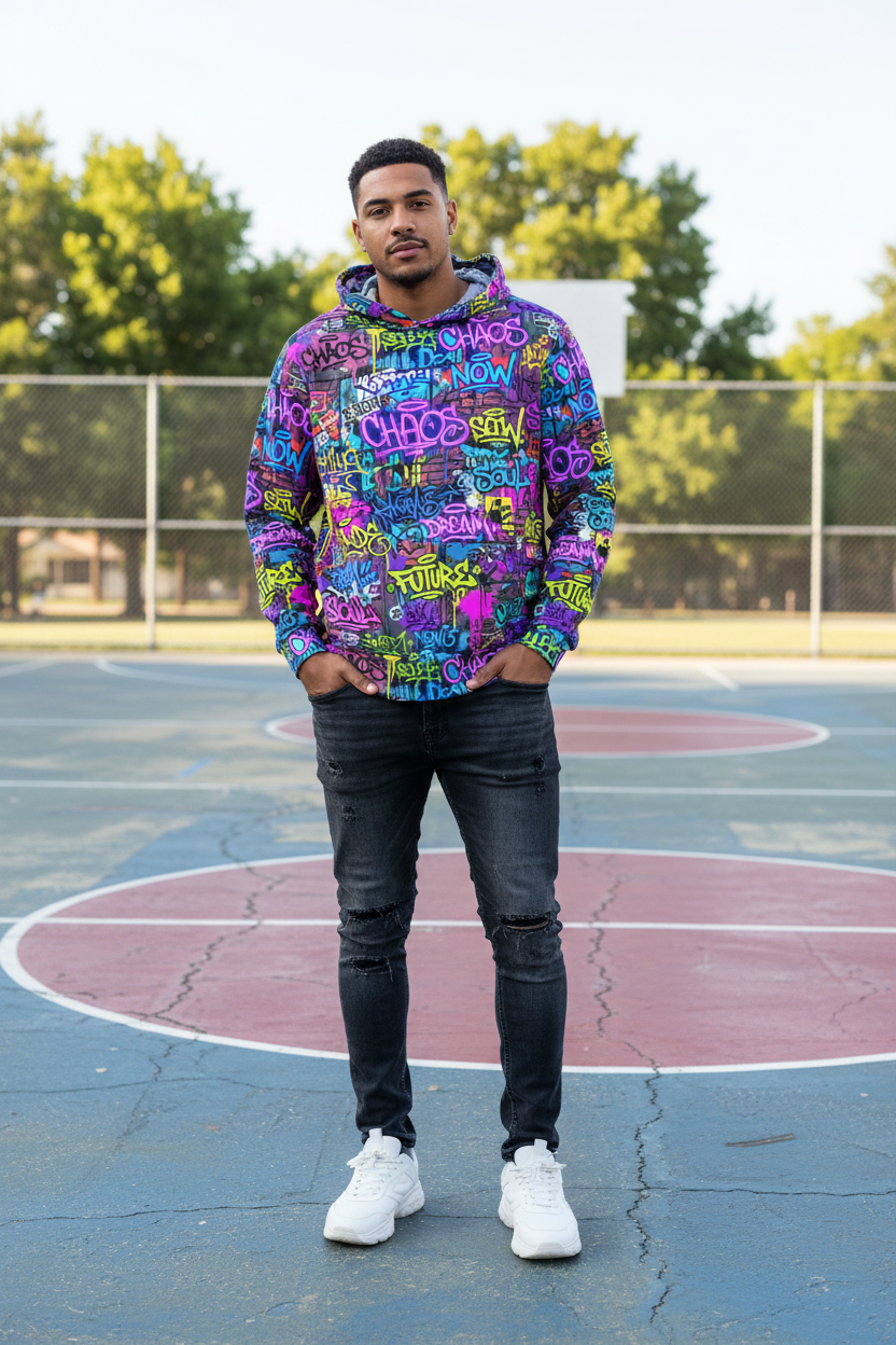 Graffiti Chaos Hoodie — Neon Street Art All - Over Print - Aesthetic Rebellion